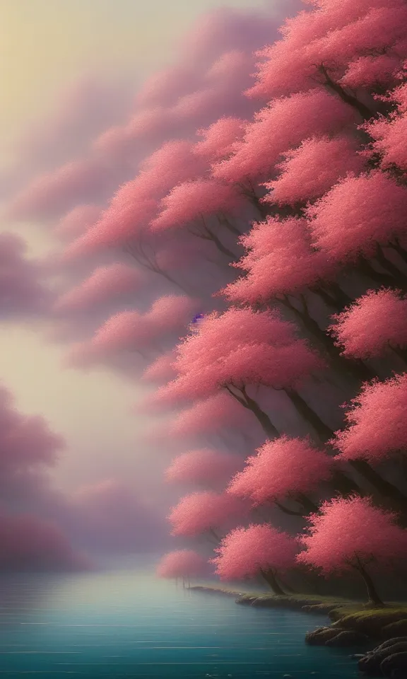 Prompt: a beautiful landscape matte painting of cherry trees with petals flying in the sky beside a river, by christophe vacher, trending on artstation