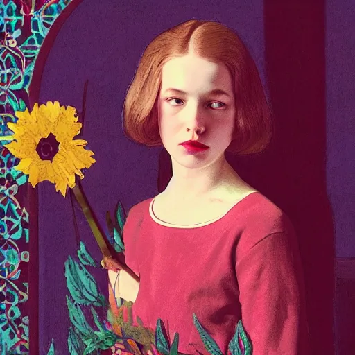 Prompt: a lot of flowers morphing in a beautiful girls face, film still by wes anderson, depicted by velazquez, limited color palette, very intricate, art nouveau, highly detailed, lights by hopper, soft pastel colors, minimalist