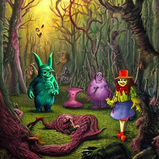 Image similar to a scene of colorful cartoon monsters in the clearing of a dark fantasy forest surrounded by darkness. hyperrealist illustration. muted colors. 1 9 7 0's pulp science fiction and fantasy cartoon for alice in wonderland and wizard of oz. highly detailed and richly colored painting by don ivan punchatz. trending on artstation