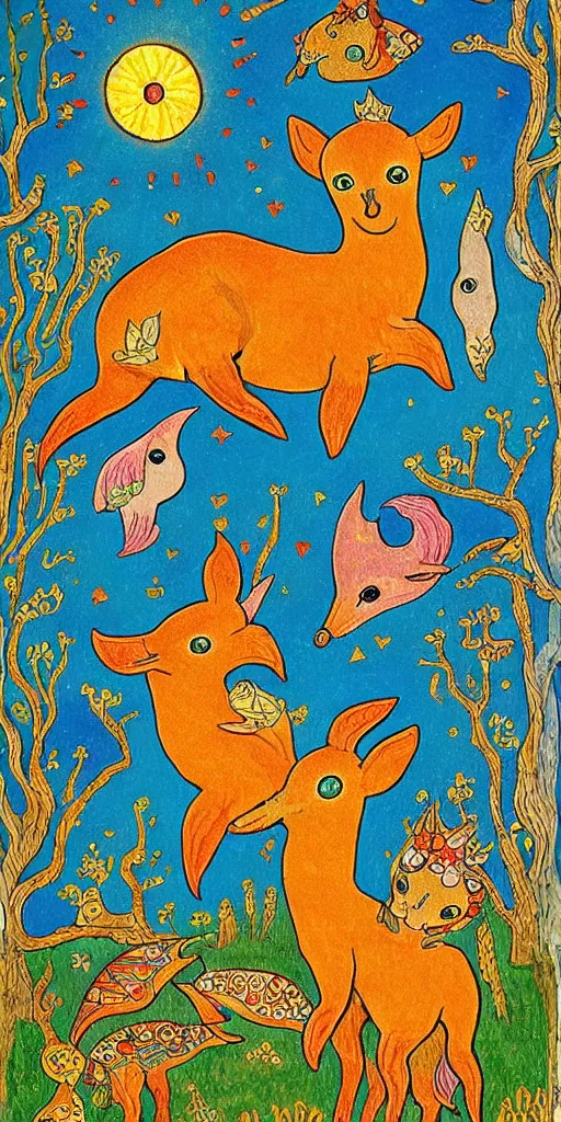 Prompt: tiny golden deer glowing eyes and sun ray mane and singing dolphins, children's book illustration, traditional folk art style, gouache on paper, outsider art, David Palladini, Hisako Aoki, tarot card, Henry Darger, Louis Wain