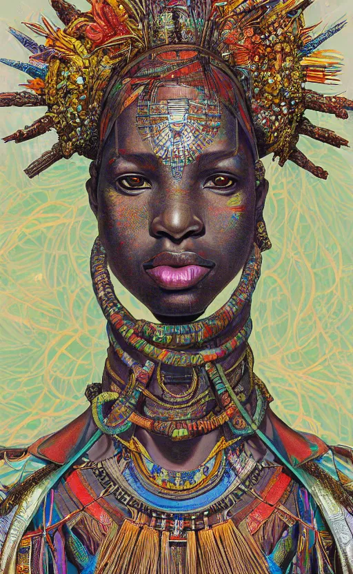 Prompt: upper half portrait of retro futuristic african tribal chief - embellished with vegetation and iridescent crystals, art by stanley artgem lau, design blocking by alphonso mucha, colouring by zdzisaw beksinski, highly detailed, digital painting, airbrush, concept art, illustration, smooth sharp focus, intricate, symmetry, artstation, colourful,