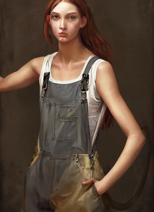 Image similar to digital _ painting _ of _ girl in tank top and overalls _ by _ filipe _ pagliuso _ and _ justin _ gerard _ symmetric _ fantasy _ highly _ detailed _ realistic _ intricate _ port