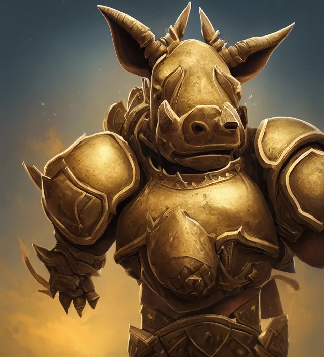 Image similar to “a well rendered anthropomorphic chibi sized rhinoceros portrait, world of Warcraft armor, subject in the center of the frame, rule of thirds, golden ratio, elegant, digital painting, octane 4k render, zbrush, hyperrealistic, artstation, concept art, smooth, sharp focus, illustration from World of Warcraft by Pixar and Disney and Justin Gerard”