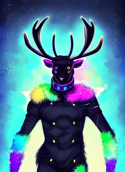 Image similar to award winning beautiful portrait commission of a male furry anthro Black Reindeer cyberpunk fursona with a tail, wings, wings, wings and a cute beautiful attractive detailed furry face wearing stylish black and rainbow galaxy clothes, outline, in a cyberpunk city at night while it rains. Character design by charlie bowater, ross tran, artgerm, and makoto shinkai, detailed, inked, western comic book art