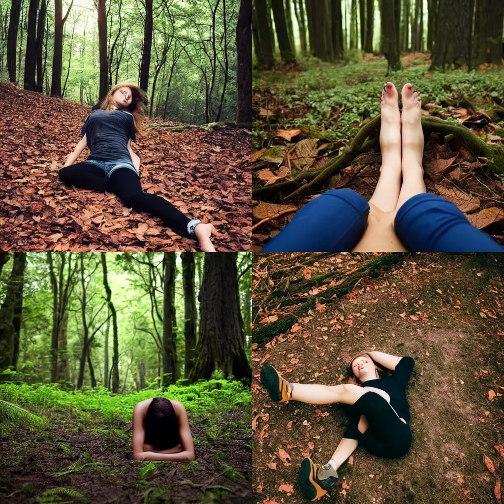 Prompt: young woman on the ground in a forest, her body is covered by dark leaves