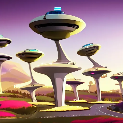 Prompt: the jetsons city in real life 4 k artstation