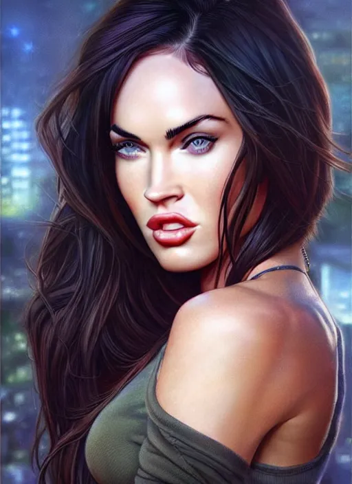 Image similar to megan fox in the style of stefan kostic, realistic, full body shot, wide angle, sharp focus, 8 k high definition, insanely detailed, intricate, elegant, art by stanley lau and artgerm, floating embers