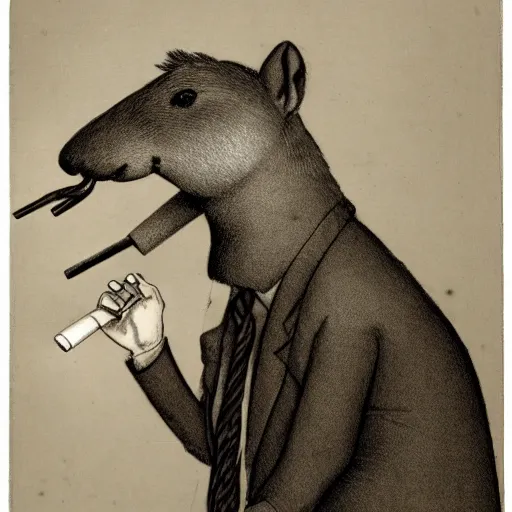 Image similar to a high detail photo of an antropomorphic capybara wearing a suit smoking a cigarrette, subject= duck, subject detail: wearing a suit, subject action: smoking a cigarrette photorealism