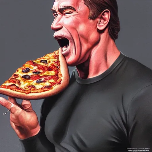 Image similar to portrait of arnold schwarzenegger opening his mouth to eat pizza, highly detailed, digital painting, artstation, concept art, sharp focus, illustration, art by artgerm and greg rutkowski and alphonse mucha