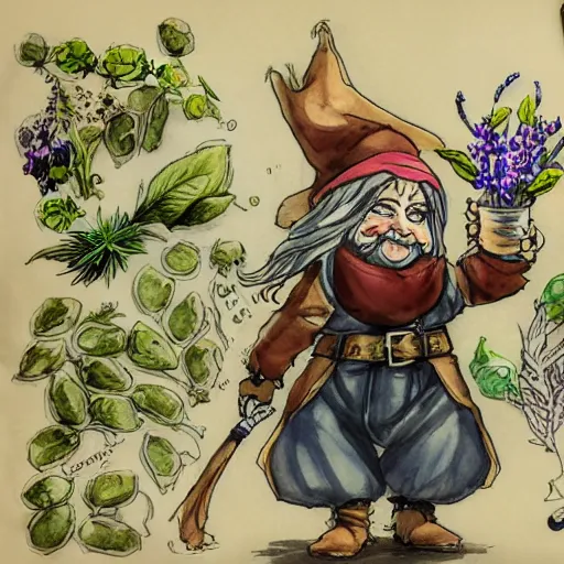 Image similar to Gnome Alchemist distilling botanicals, drawn by Yoji Shinkawa, water color, Dungeons and Dragons, Wizards of the Coast