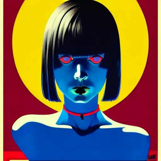 Image similar to woman with dark bobcut haircut with friendly blue eyes and slim features looking happy, underground box office hit, satire, seventies italian horror movie poster, giallo, intricate, ultra detailed 8 k, best, cool, extremely beautiful and aesthetic shape of face and neck, art by hiroaki samura and ilya kuvshinov and rossdraws and andy warhol, inverted