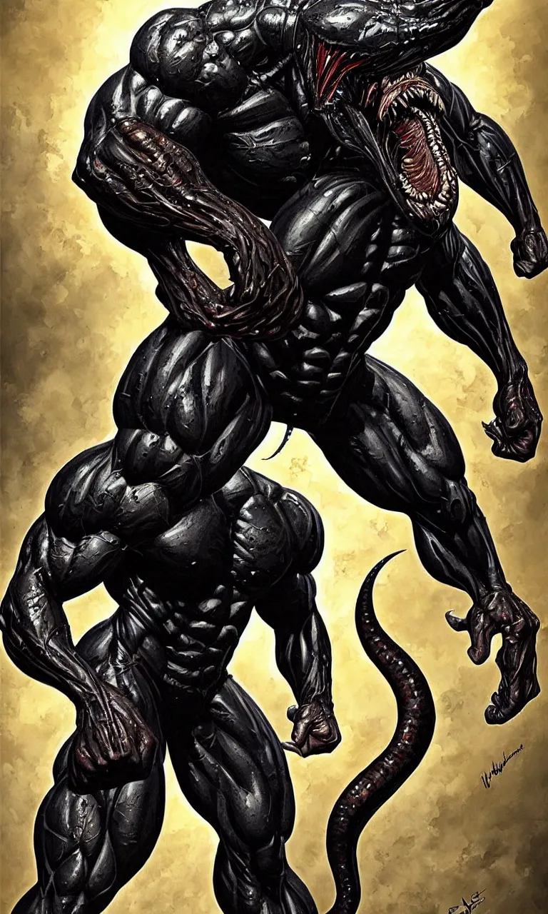 Image similar to hyper realist full body long shot portrait of bodybuilder venom from marvel comics!!!!, leg study!!!, large mouth with teeth, large tongue, lovecraftian horror!!, fantasy, intricate, elegant, highly detailed, digital painting, artstation, concept art, matte, sharp focus, illustration, art by glenn fabry and giger