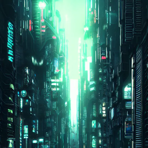 Image similar to Fully dark cyberpunk city with one building in the middle with only one window shining in style of Tsutomu Nihei. ArtStation, Cyberpunk, Vertical Symmetry, 8K, Highly Detailed, Intricate, Album Art.