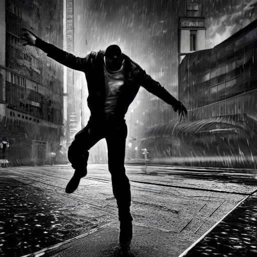 Image similar to a highly detailed epic cinematic black and white cyberpunk artwork photograph inspired by Henri Cartier-Bresson's Behind Gare Saint-Lazare, man jumping over a puddle of water. World Press Photo winner, enhanced and corrected in Photoshop, octane render, excellent composition, cinematic atmosphere, dynamic dramatic cinematic lighting, aesthetic, very inspirational, arthouse