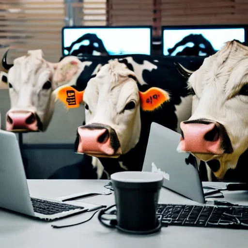 Prompt: cows wearing business suits, working in an office, extreme realistic, midday, professional, serious