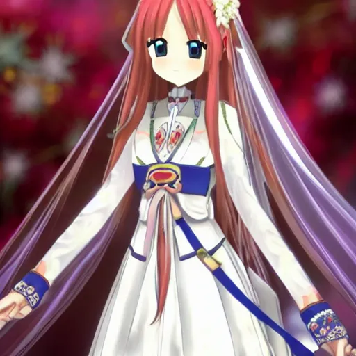 Prompt: yuuki asuna in her wedding dress, extremely long hair, nintendo 64