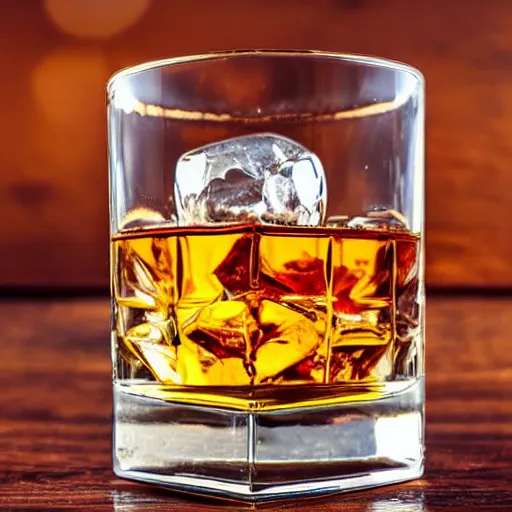 Premium AI Image  Amber whiskey with ice in glass Bourbon with ice  Alcoholic beverage with ice