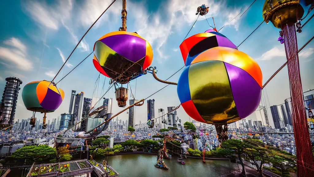 Prompt: large colorful futuristic space age metallic steampunk steam - powered balloons with pipework and electrical wiring around the outside, and people on rope swings underneath, flying high over the beautiful tokyo city landscape, professional photography, 8 0 mm telephoto lens, realistic, detailed, photorealistic, photojournalism