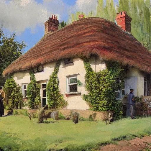 Image similar to Alex Ross and Sergio Bleda and Jérémy Petiqueux and Alex Maleev artwork of a 19th century english cottage