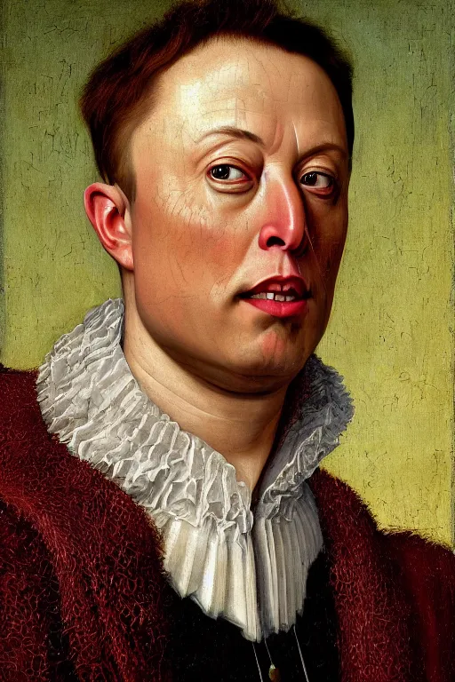 Image similar to portrait of elon musk, oil painting by jan van eyck, northern renaissance art, oil on canvas, wet - on - wet technique, realistic, expressive emotions, intricate textures, illusionistic detail