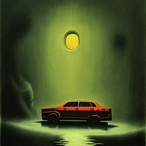 Prompt: horrifying eldritch 4 - door sedan, painting by zdzisław beksinski, product photograph, 4 k, dark atmosphere, horror, veins, oozing slime