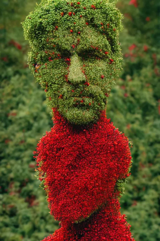 Image similar to a human figure made entirely out of redcurrant bushes ( ribes aureum ), surreal portrait, portra, 2 5 mm