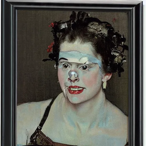 Prompt: frontal portrait of a woman with a theater mask, by norman rockwell