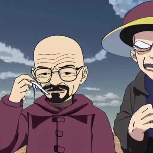 Image similar to walter white smoking a joint with jesse pinkman, in One Piece Anime Series, 4k Resolution.