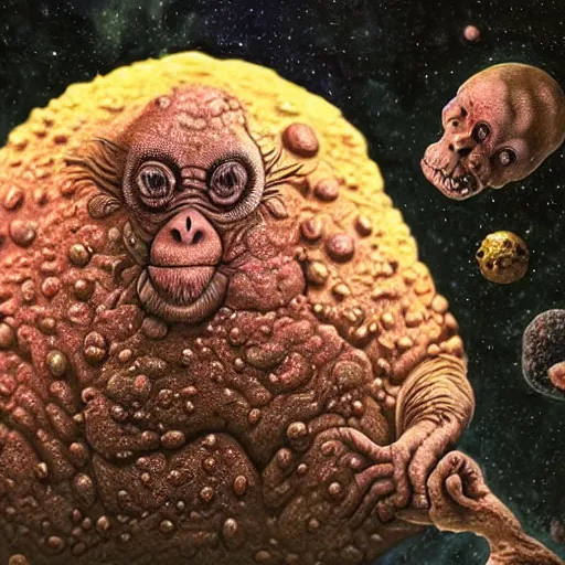 Image similar to measles on a deformed hideous pustule covered monkey, sores, bumps, skin wounds, surface hives, growths, horror, fantasy, highly detailed, by Dan Hillier, ooze, slime, in background nebula of bacteriophages