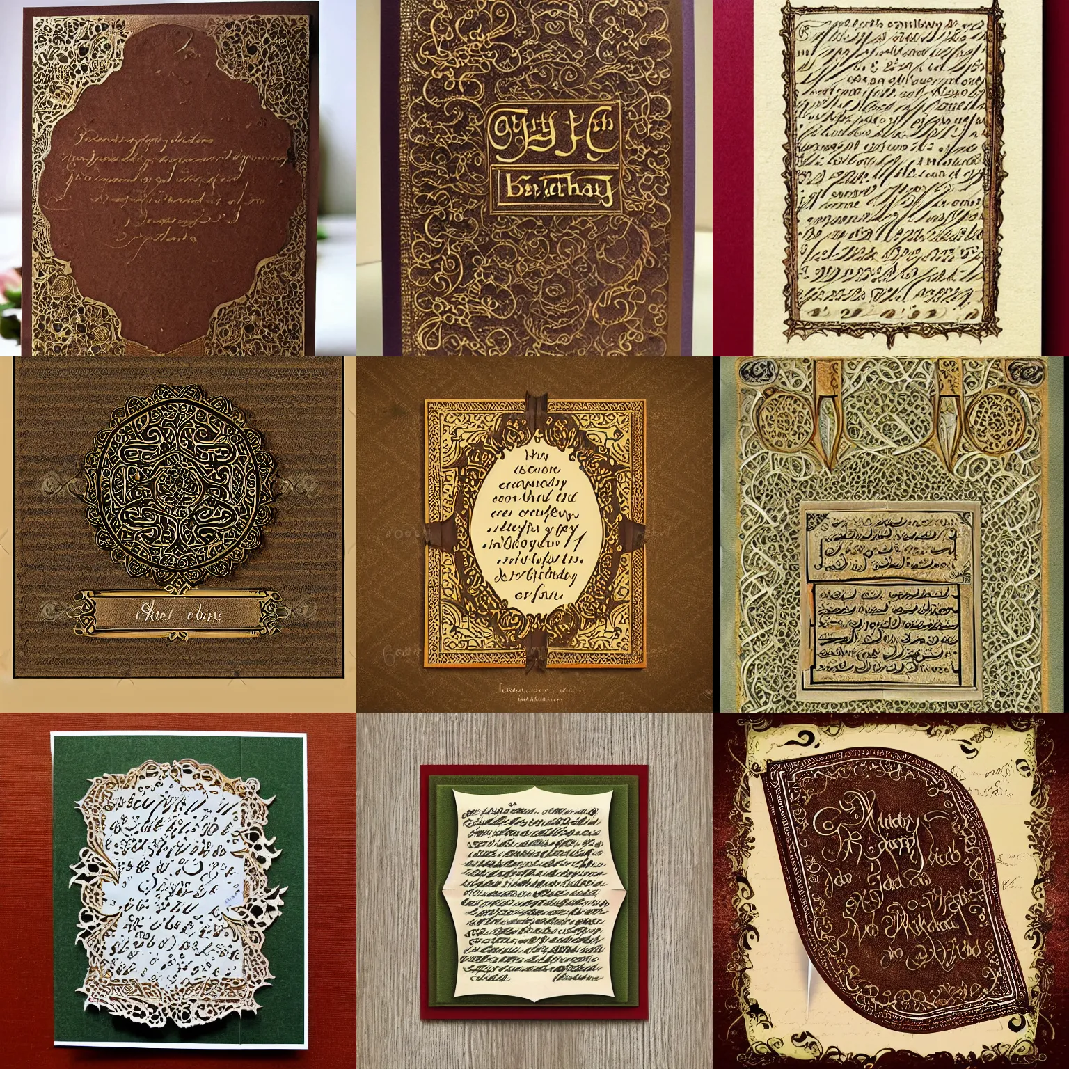 Prompt: birthday card, gothic manuscript with intricate, ornamental calligraphy and elegant, earthy colour pallette
