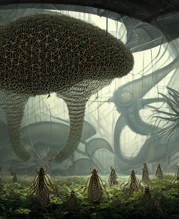 Prompt: a giant weird industrial plant hive made out of isopod dragonflies, in the style of a strange giant asymmetrical fungus, overgrown with disturbing orchids, godbeams, partly cloudy, somber, dramatic lighting, by dan mumford, yusuke murata, makoto shinkai, ross tran, cinematic, unreal engine, cel shaded, featured on artstation, pixiv