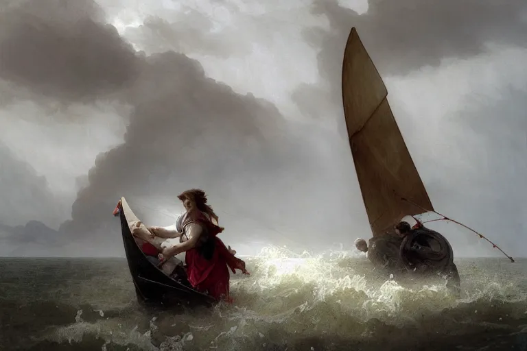 Image similar to ancient historically accurate depiction of Bible Character walking on water during a storm, a small fishing sailboat with scared sailors on board, dramatic lighting by frank miller, illustration by Ruan Jia and Mandy Jurgens and William-Adolphe Bouguereau, Artgerm, 4k, digital art, surreal, space dandy style, highly detailed, godsend, artstation, digital painting, concept art, smooth, sharp focus, illustration by Ruan Jia and Mandy Jurgens and William-Adolphe Bouguereau, Artgerm