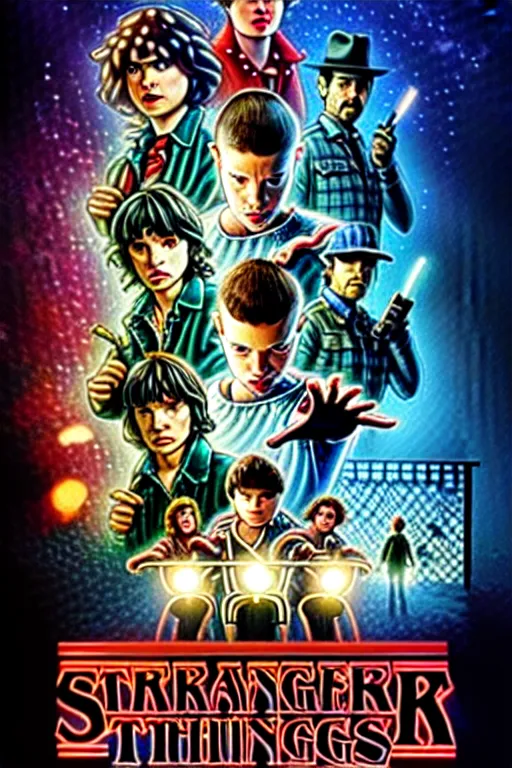 Prompt: Stranger Things Season 5 alternate poster, high resolution, hyper detailed, intricate, photorealistic, all cast members, netfilx !n-9