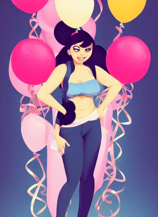 Image similar to curvy woman resembling selena gomez at a birthday party wearing mickey ears. balloons. clean cel shaded vector art. shutterstock. behance hd by lois van baarle, artgerm, helen huang, by makoto shinkai and ilya kuvshinov, rossdraws, illustration,