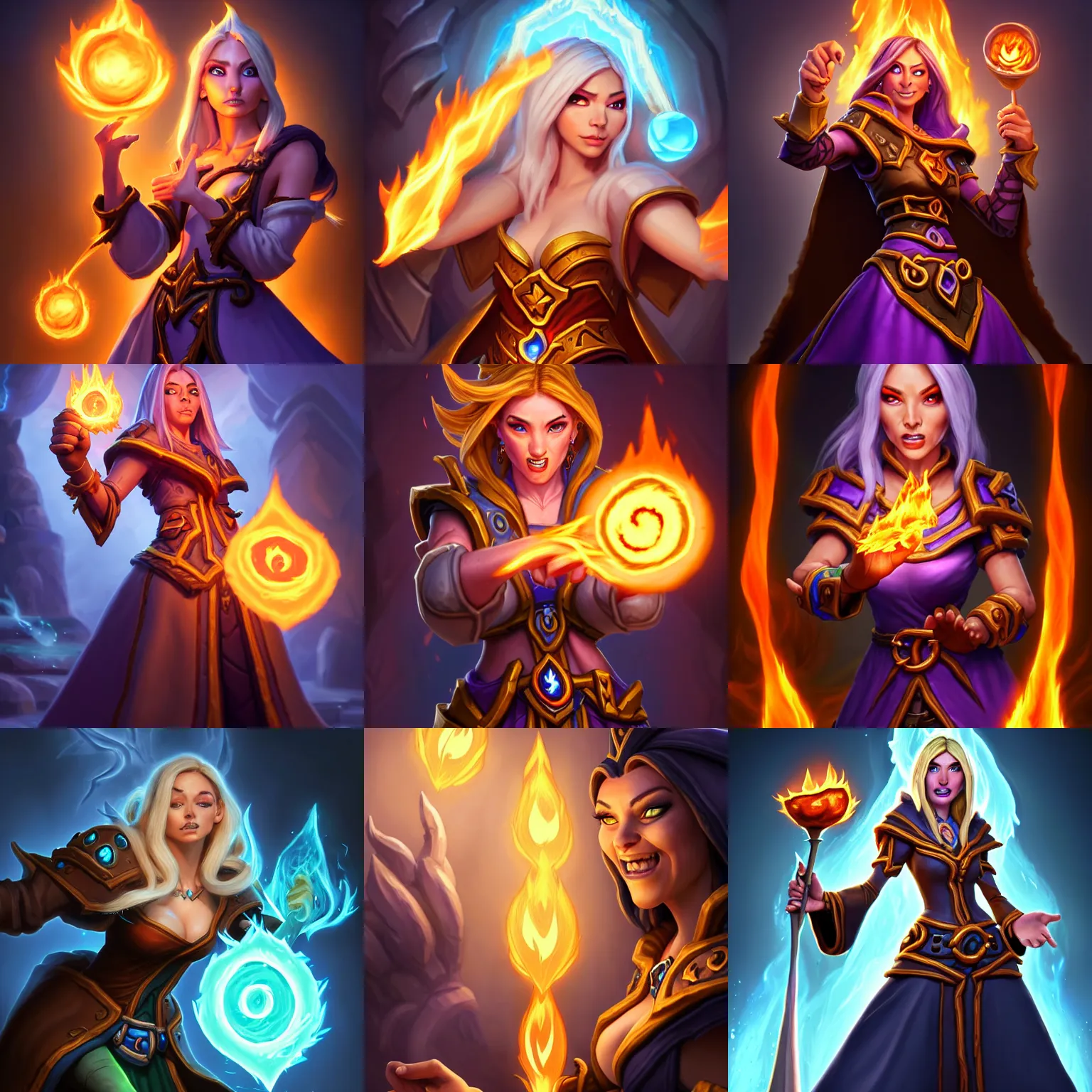 Prompt: Hearthstone official professional art. A sorceress, wearing a robe casting a fire ball. Insanely coherent physical body parts (face, arms, legs, hair, eyes, pupil, eye white). Full body realistic, sharp focus, 8k high definition, insanely detailed, intricate, elegant, smooth, sharp focus, illustration, ArtStation