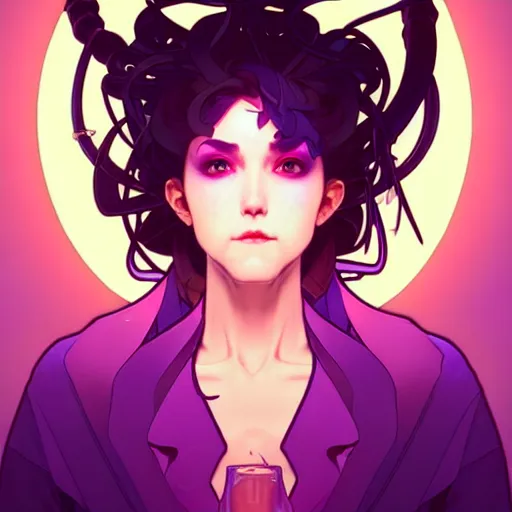Prompt: a face portrait character design by artgerm, cushart krenz, greg rutkowski ross tran alphonse mucha. cute mad scientist girl!! glowing purple machine!! bold outline sharp edges. ultra clear detailed. 8 k. elegant, neon colors, symmetry, intricate complexity, epic composition, magical atmosphere, cinematic lighting masterpiece trending on artstation 8 k octane.