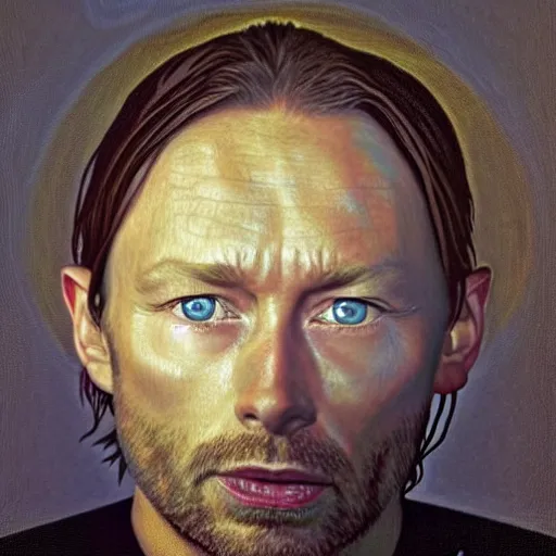 Prompt: Thom Yorke (lead singer of Radiohead) portrayed as Jesus. Hyperrealistic oil painting of Radiohead\'s Thom Yorke mixed with Jesus Christ. Detailed oil painting, Renaissance aesthetic