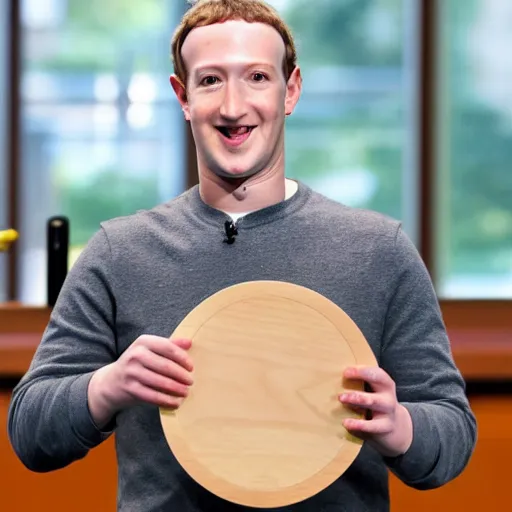 Prompt: mark zuckerberg holding circular, patterned wooden coaster up to the camera