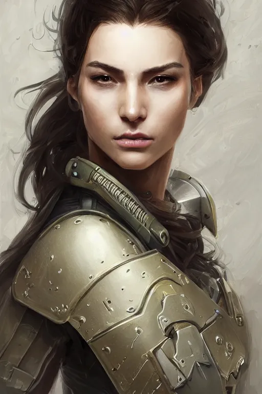 Image similar to a finely detailed portrait of an attractive young woman, clothed in military armor, olive skin, long dark hair, beautiful bone structure, symmetrical facial features, intricate, elegant, digital painting, trending on Artstation, concept art, smooth, sharp focus, illustration, from Metal Gear by Ruan Jia and Mandy Jurgens and Artgerm and William-Adolphe Bouguerea, award winning