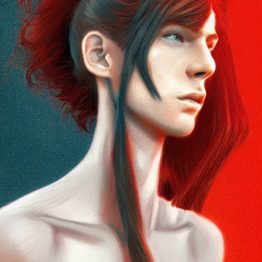 Image similar to portrait of a thin young man with long red hair, ponytail, a lot of freckles on his face, intricate, elegant, glowing lights, highly detailed, digital painting, artstation, concept art, smooth, sharp focus, illustration