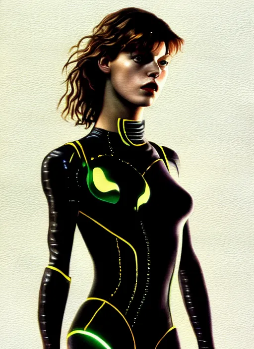 Image similar to young milla jovovich in a bodysuit, futuristic taxi, full body, far future, sharp focus, highly detailed, trending on artstation, intricate, painting by rutkowski