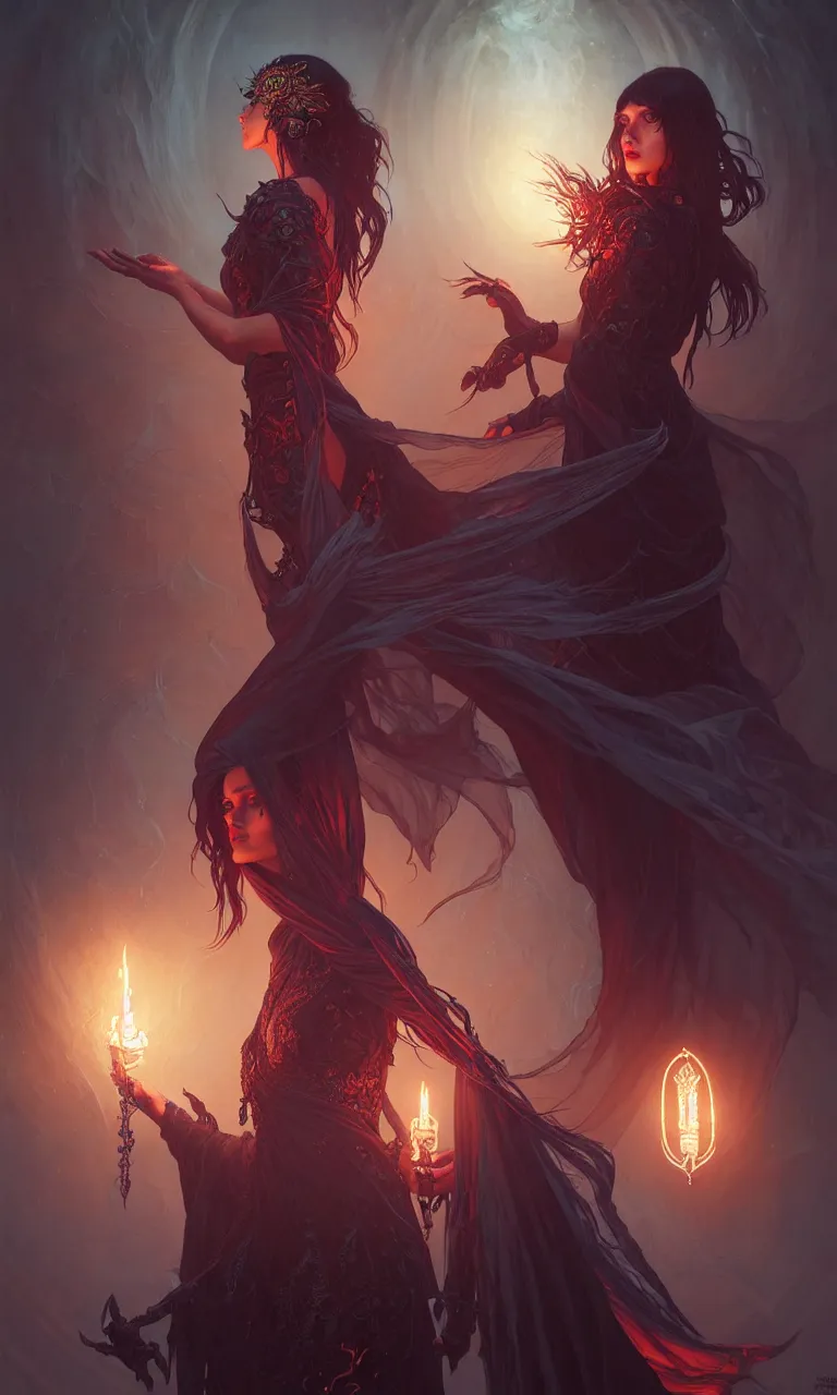 Image similar to Necromancer Sorceress in center, fantasy magic, undercut hairstyle, dark light night, intricate, elegant, sharp focus, illustration, highly detailed, digital painting, concept art, matte, art by WLOP and Artgerm and Greg Rutkowski and Alphonse Mucha, masterpiece