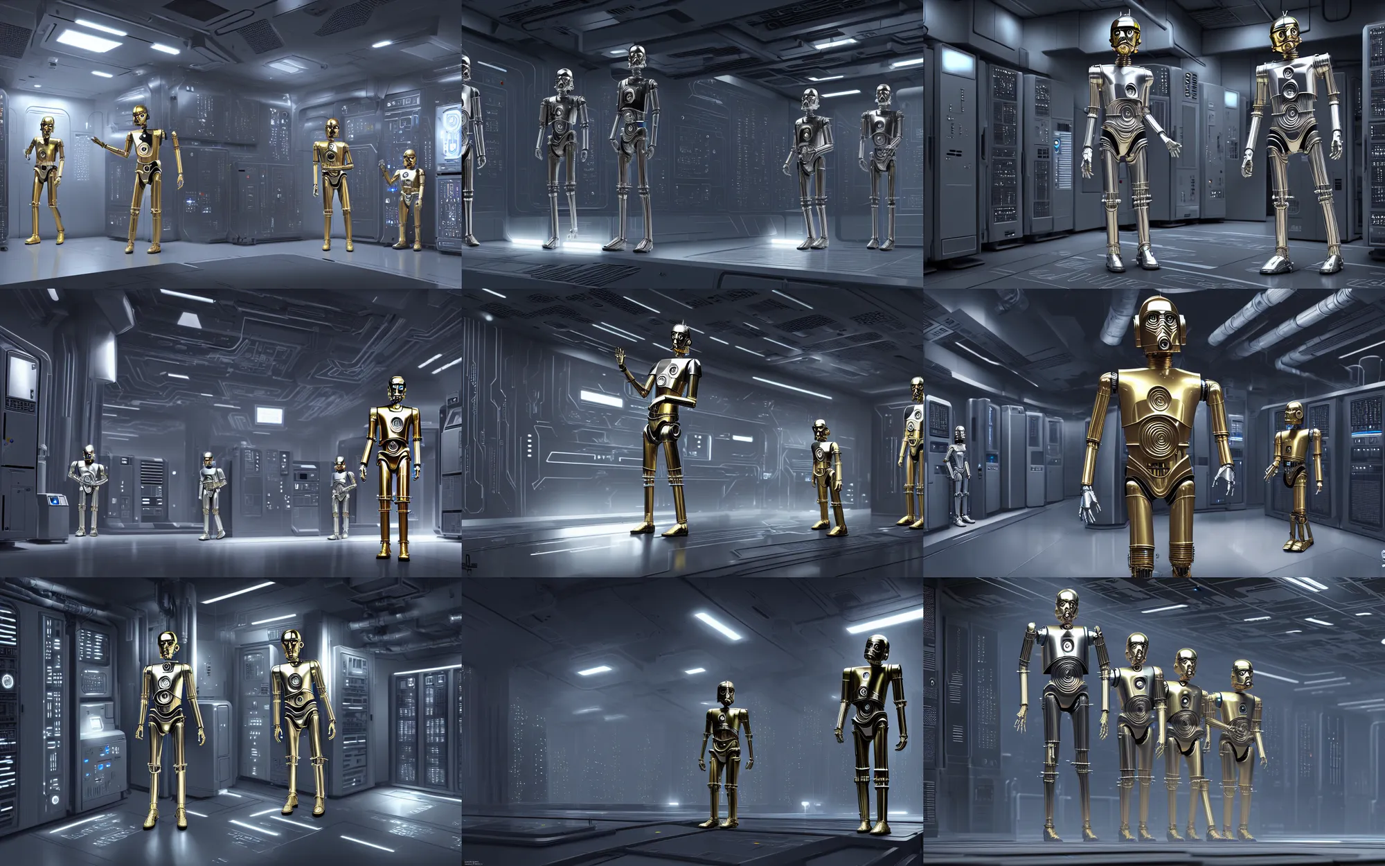 Prompt: silver c - 3 po robot from star wars in a data center room, silver, grey, concept art, cyberpunk, game art, star wars game art, high detail, 4 k