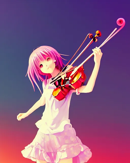 Image similar to anime style, vivid, colorful, full body, a cute girl with white skin and long pink wavy hair holding a violin and playing a song, heavenly, stunning, realistic light and shadow effects, happy, centered, landscape shot, happy, simple background, studio ghibly makoto shinkai yuji yamaguchi