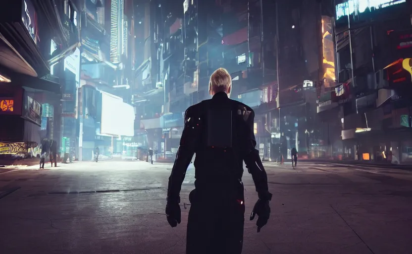 Prompt: anonymous guard with blond hair seen from the back cyberpunk, crowd in front of building detailed, cinematic light, cinematic epic, unreal engine 4 k, 8 k, detailed, ultra realistic, anime
