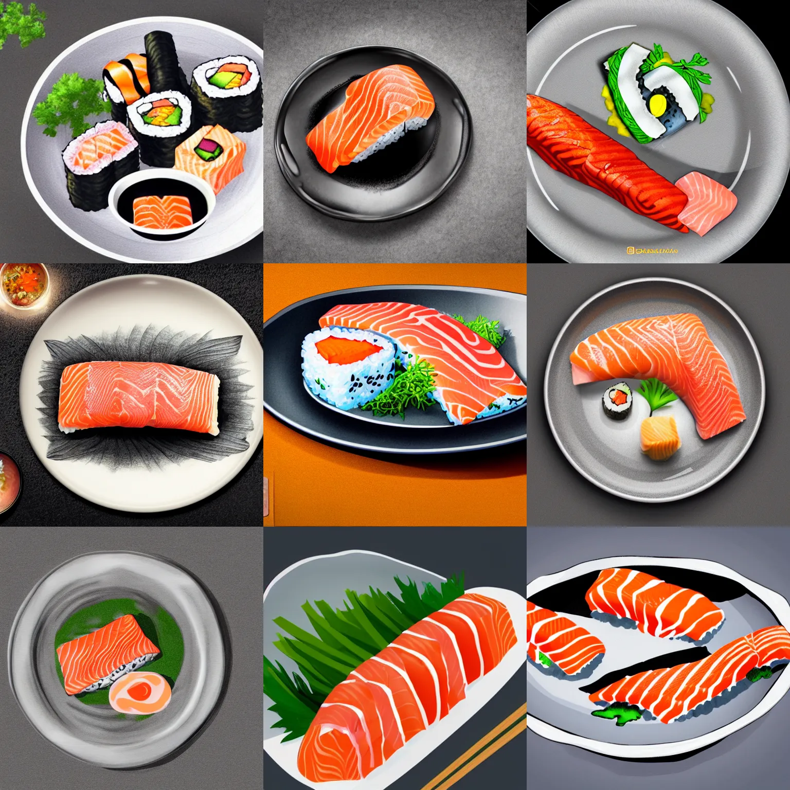 Prompt: sushi with salmon, served on a grey plate with an oak tree in the background, hyperrealistic, extremely high detailed, drawing, concept art, high contrast, warn colors, 8 k,