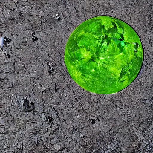 Image similar to a photography of a green soccer pitch on the moon, extreme long shot, realistic