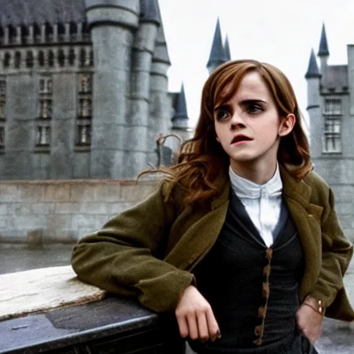 Image similar to Photo of Emma Watson as Hermione Granger on top of a tank in Hogwarts