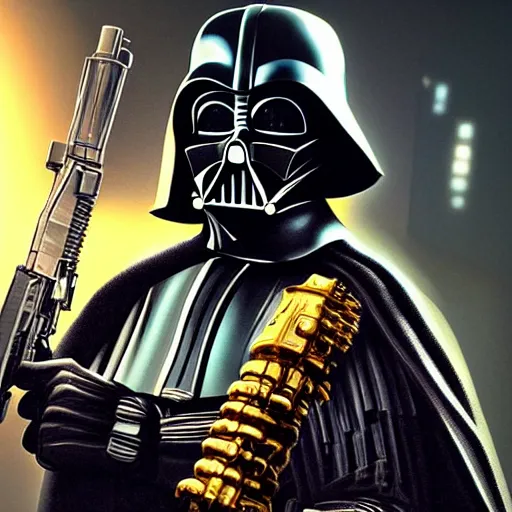 Prompt: hyperrealistic portrait of gothic cyberpunk darth vader holding a golden ak 4 7, 4 k, highly detailed, beautifully rendered