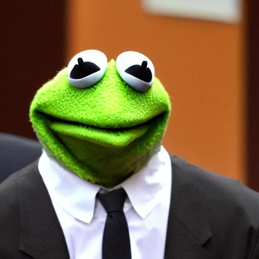 Prompt: Kermit the Frog on trial for his many war crimes